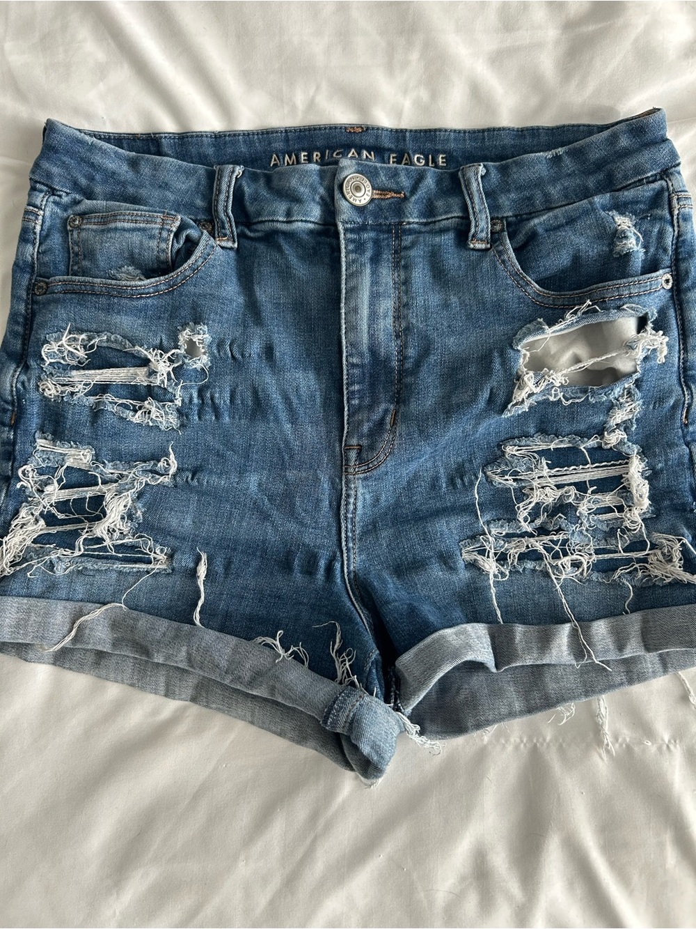 American Eagle Outfitters Curvy Hi-Rise Shorti Ripped Cuffed Denim Shorts - 12
